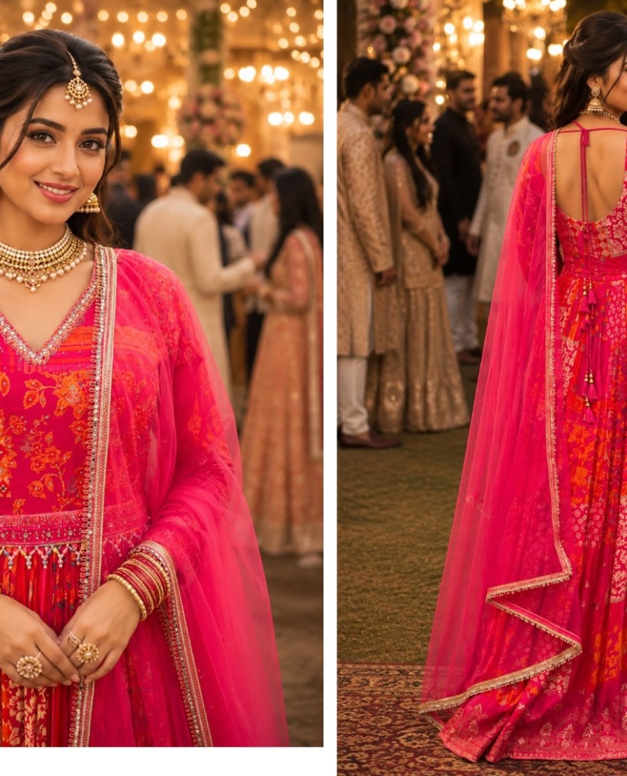 PINK - Pink Viscose Designer Gown with Embroidered and Print Work